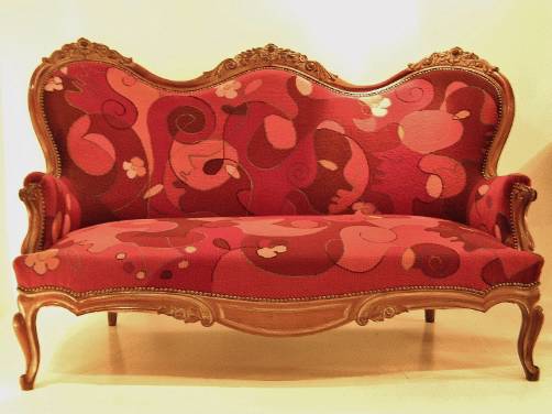 Vintage Louis XV style sofa with modernist pattern tapestry, 1950`s ca, French